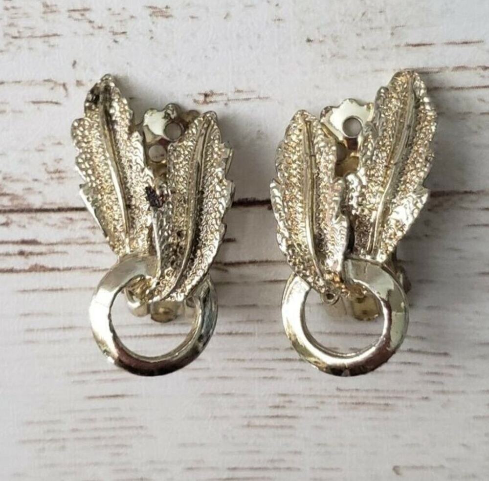 Vintage Clip On Earrings Leaf Duo Gold Tone 1.25"